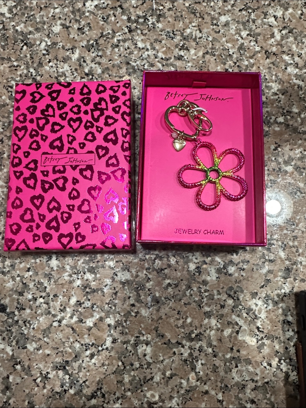 Betsey Johnson Pink & Lime Flower Keychain Charm with Gold Hardware